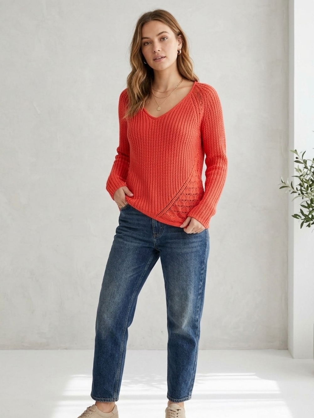 Calvin Klein Coral Orange Chunky Knit Lace V-Neck Sweater M